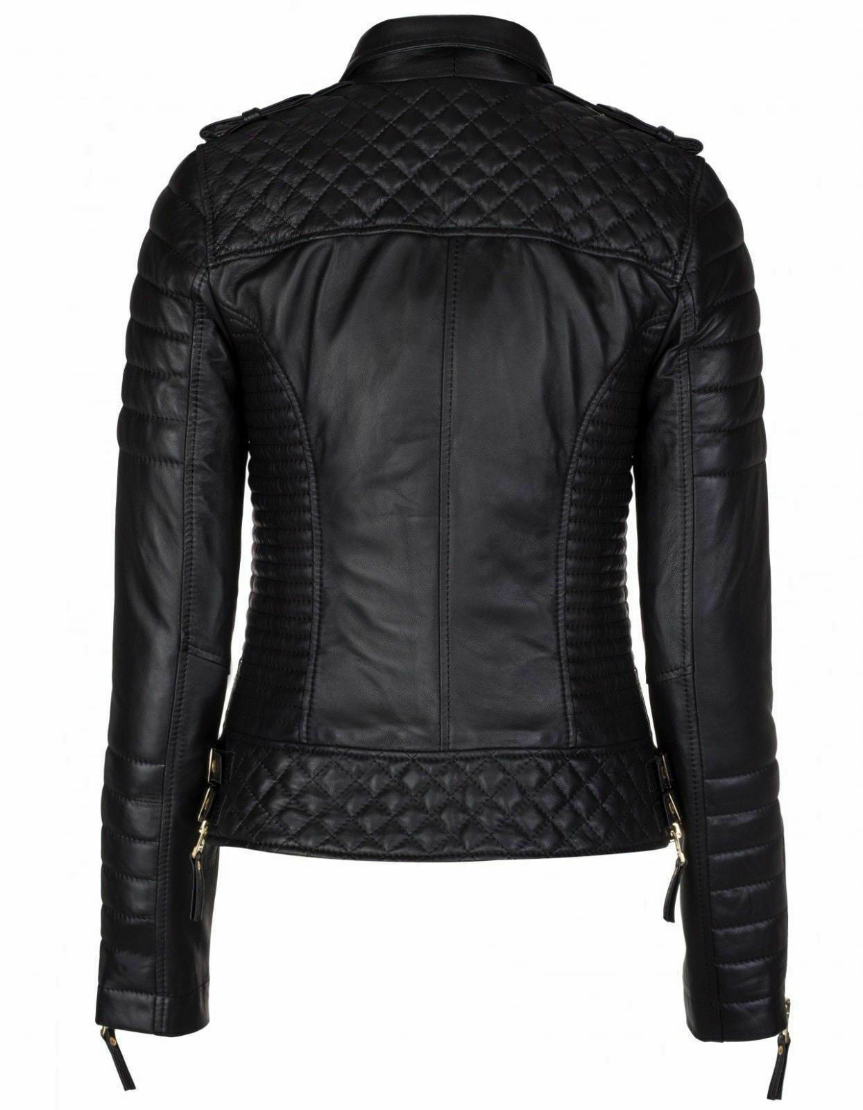 Women Biker Diamond Black Quilted KAY MICHAEL Leather Jacket