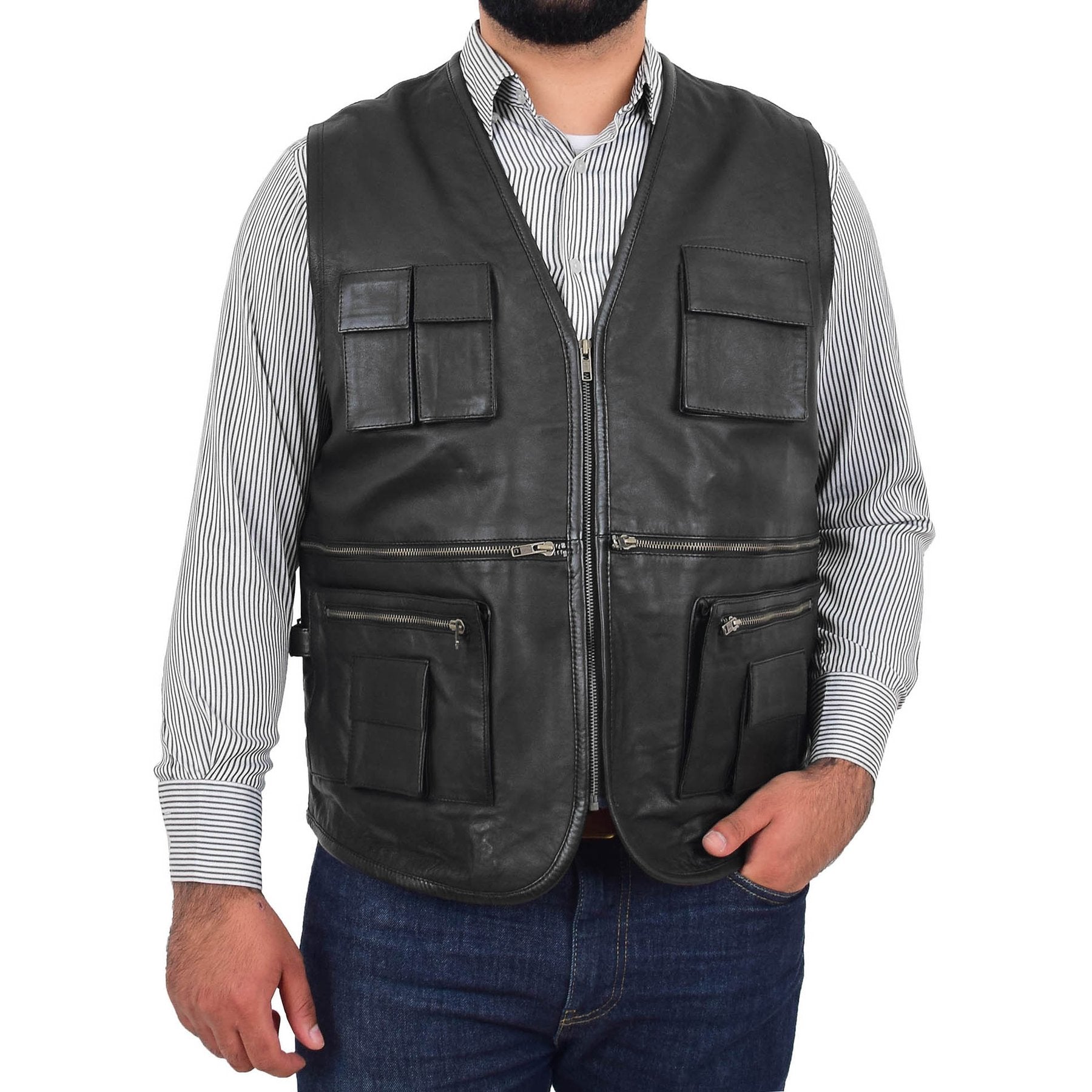 Spine Spark Men's Black Soft Leather Classic Vest Multi Pockets