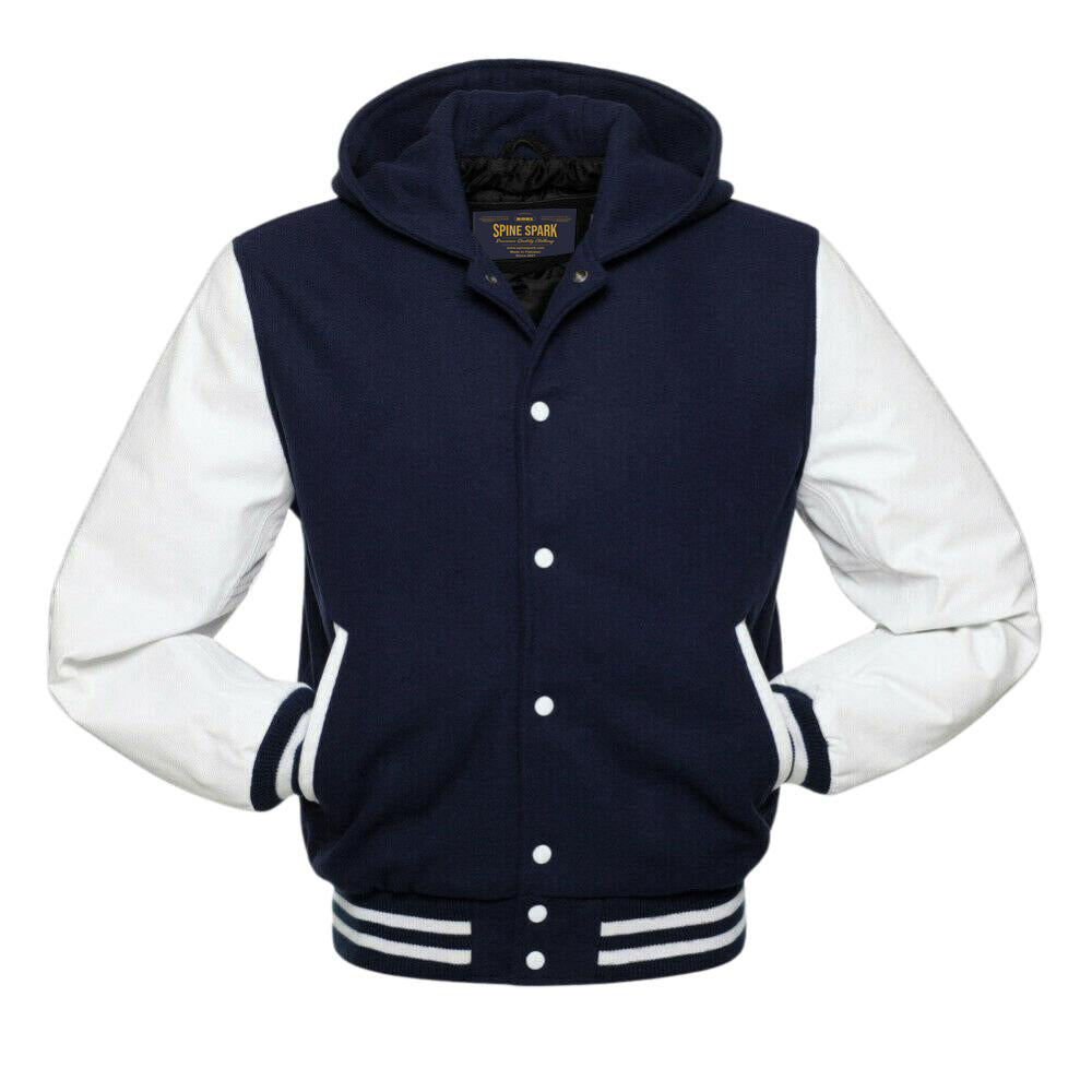 Spine Spark Navy Blue Hooded Wool Varsity jacket White Leather Sleeves