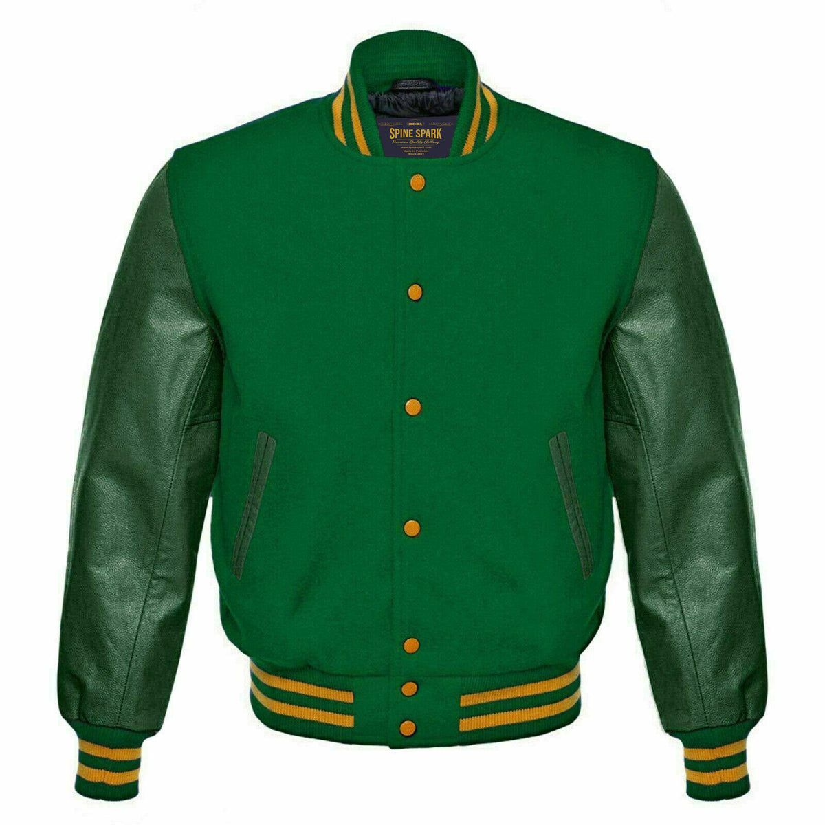 Spine Spark Forest Green Wool Varsity Jacket White Leather Sleeves