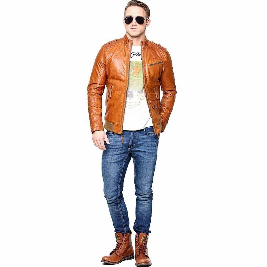 Spine Spark Men's Fashion Slim fit Biker Brown Leather Jacket