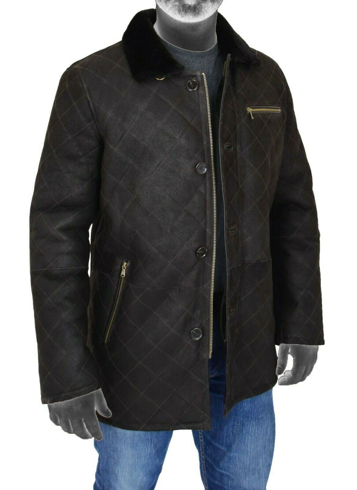 Spine Spark Men's Black Soft Suede Leather Shearling Coat Jacket