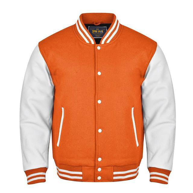 Spine Spark Orange Wool Varsity Jacket White Leather Sleeves