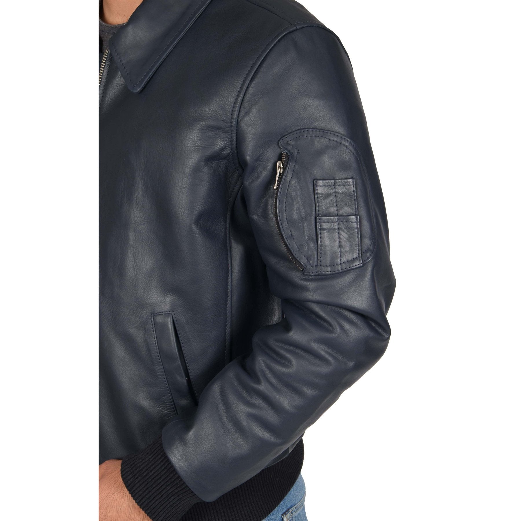 Spine Spark Men's Navy Blue Bomber Pilot Style Leather Jacket