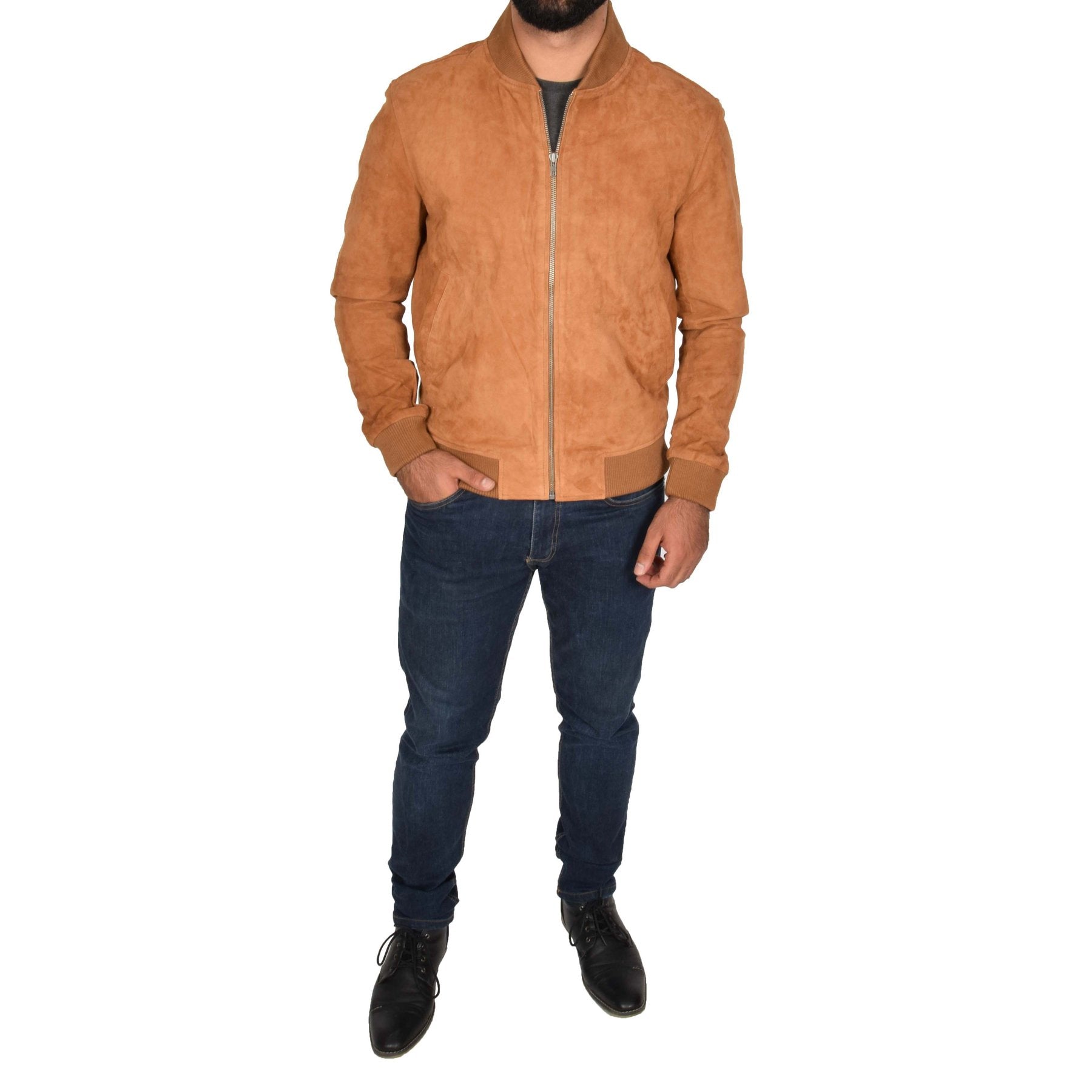 Spine Spark Tan Soft Suede Leather Bomber Style Jacket