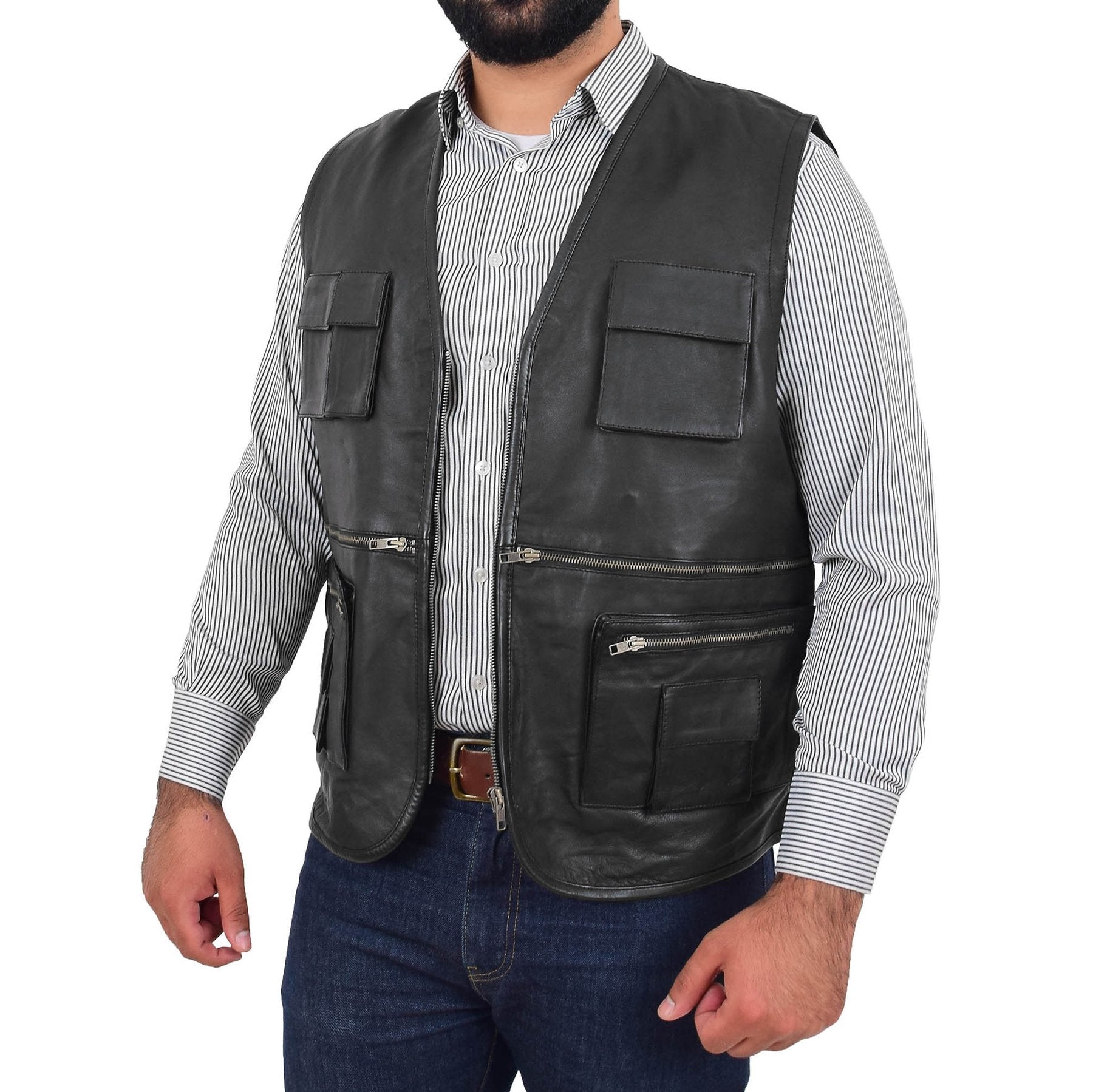 Spine Spark Men's Black Soft Leather Classic Vest Multi Pockets
