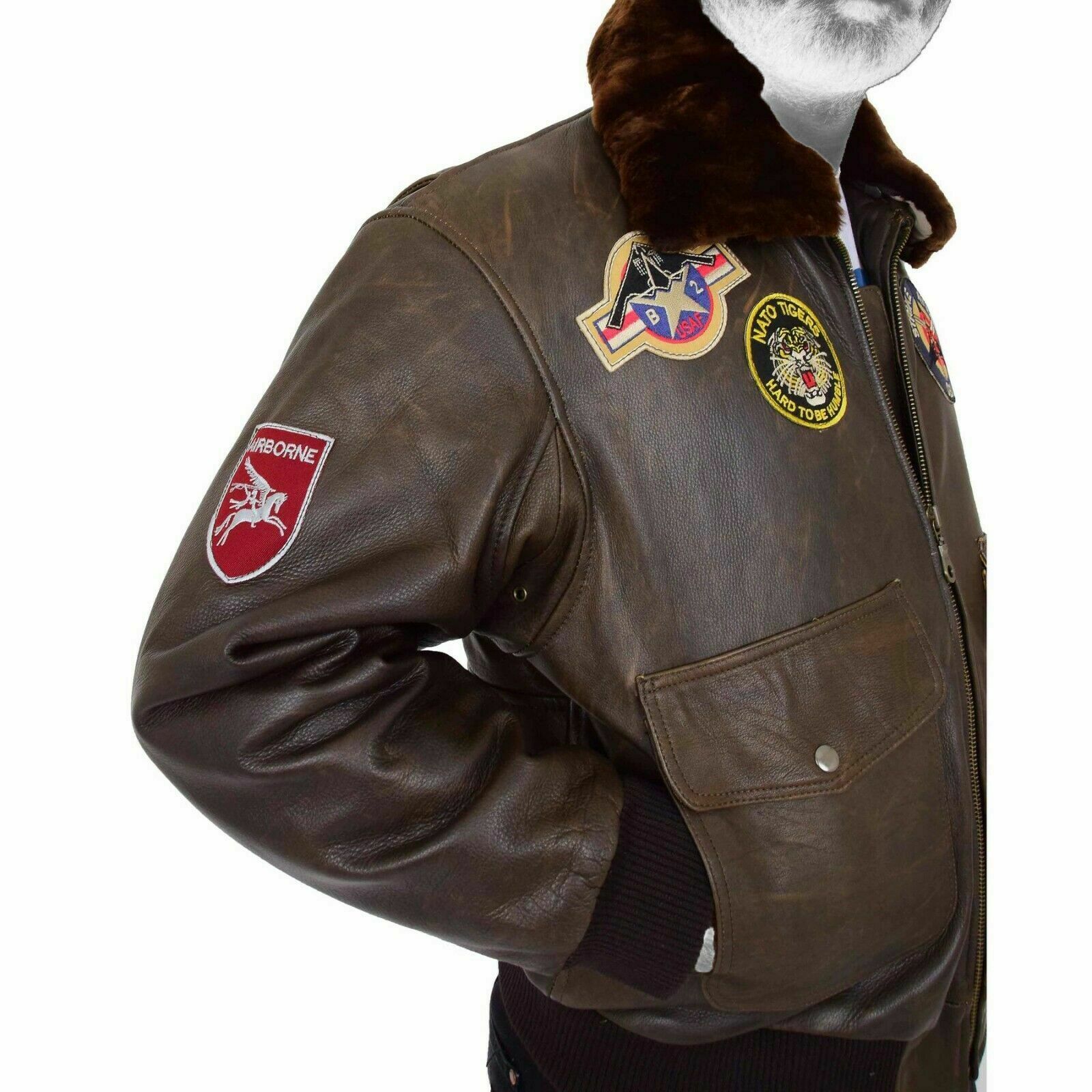 Spine Spark Men's Brown Pilot Jacket Badges Collar Hawk Leather