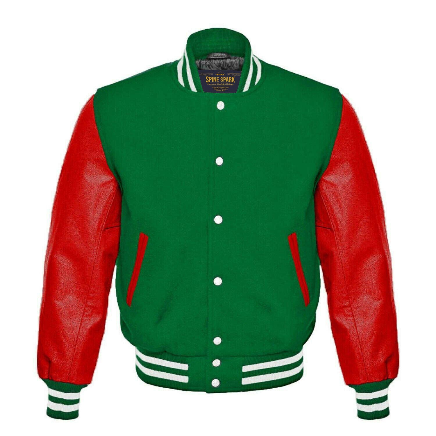 Spine Spark Green Wool Varsity Jacket Red Leather Sleeves