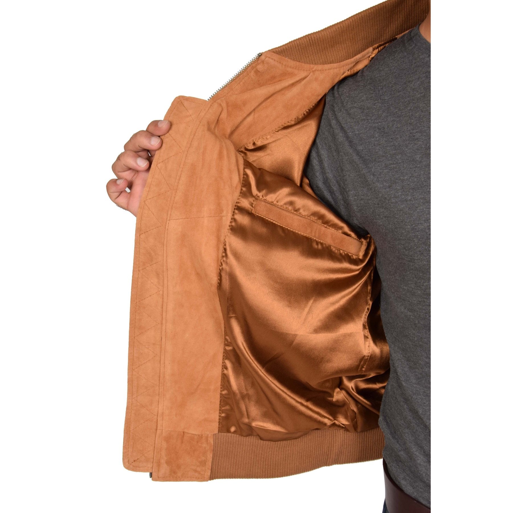 Spine Spark Tan Soft Suede Leather Bomber Style Jacket