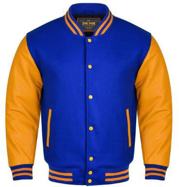 Spine Spark Royal Blue Wool Varsity Jacket Gold Yellow Leather Sleeves