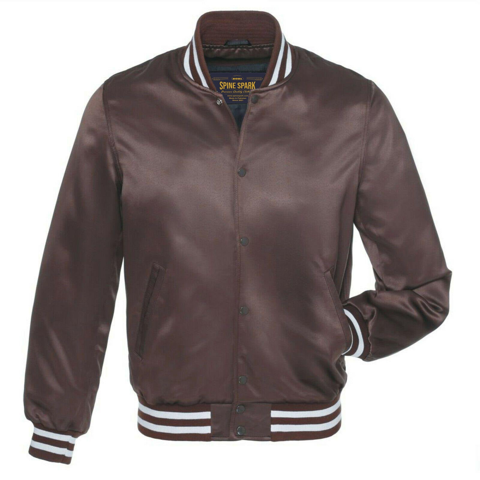 Spine Spark Dark Brown Satin Varsity Letterman Bomber Jacket