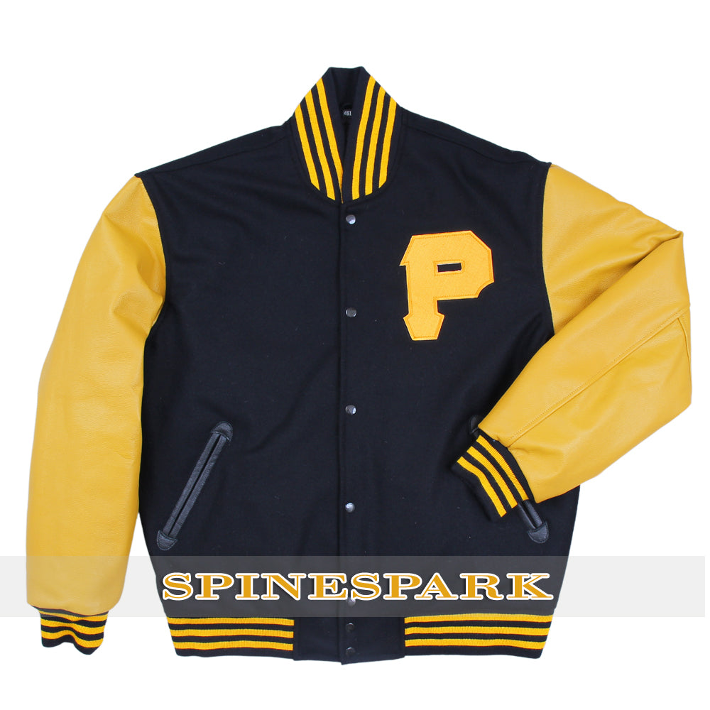 Spine Spark Black Wool Varsity Jacket Gold Yellow Leather Sleeves