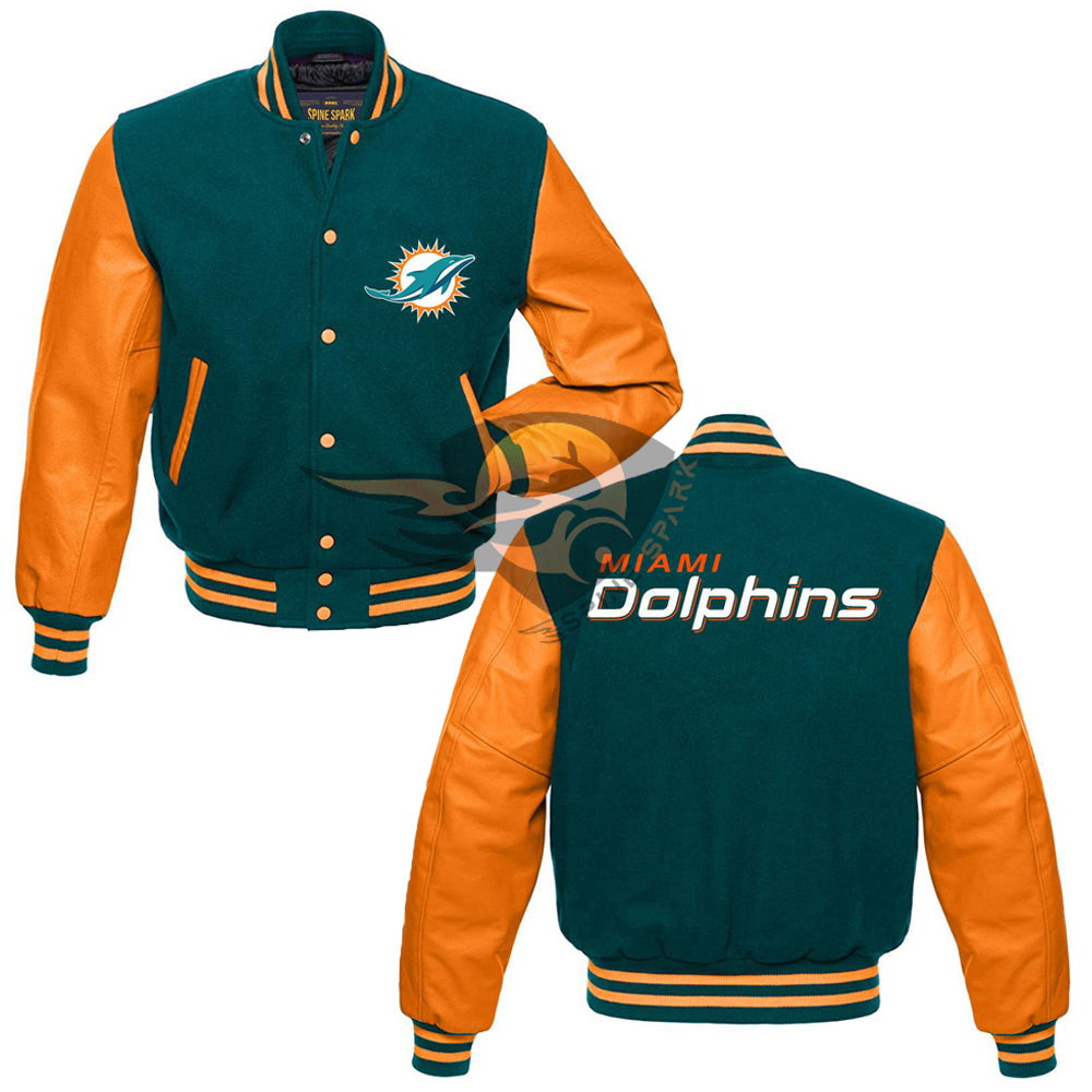 Forest Green Miami Dolphins Varsity NFL Jacket By Spinespark