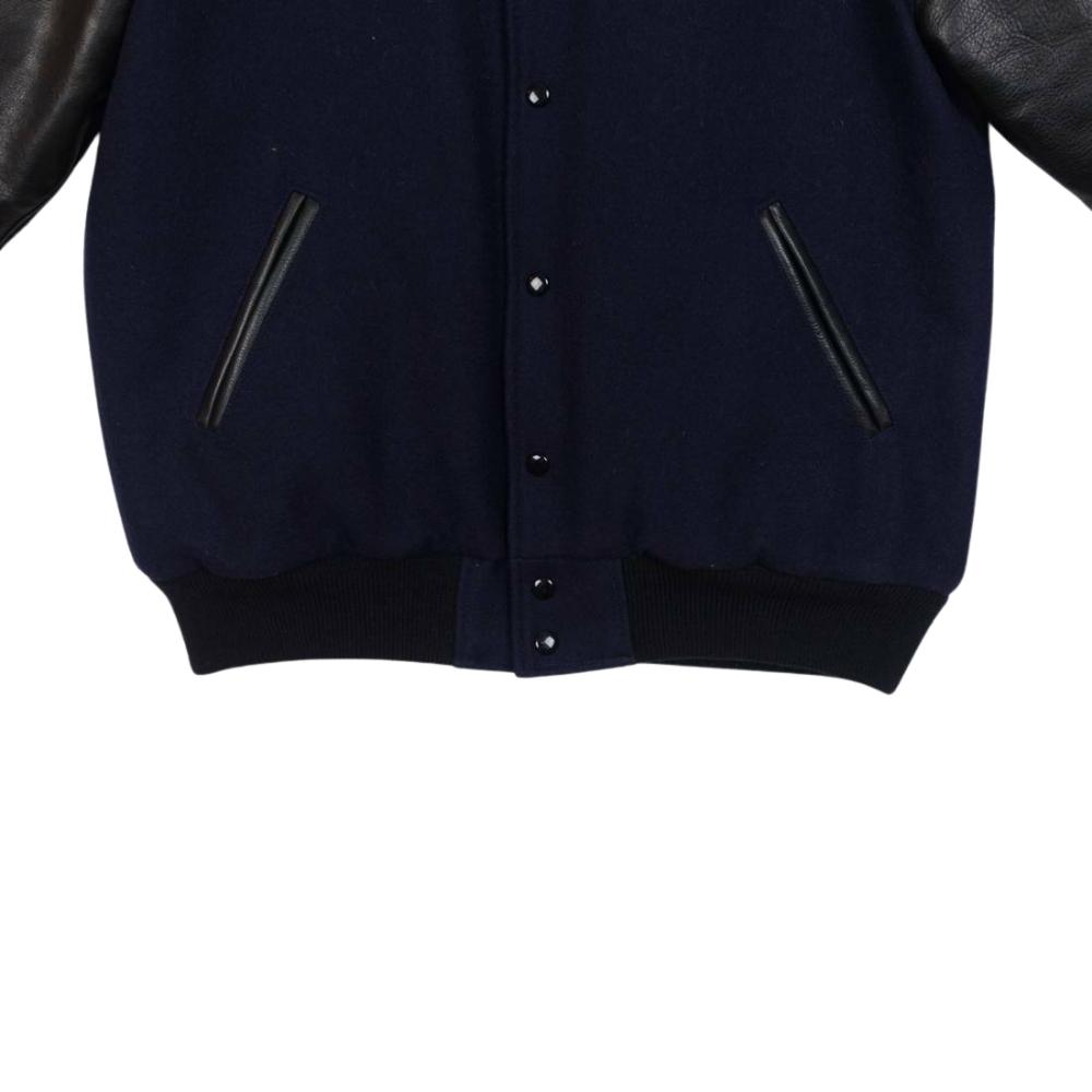Spine Spark Navy Blue Wool Varsity Jacket Black Raglan Leather Sleeves