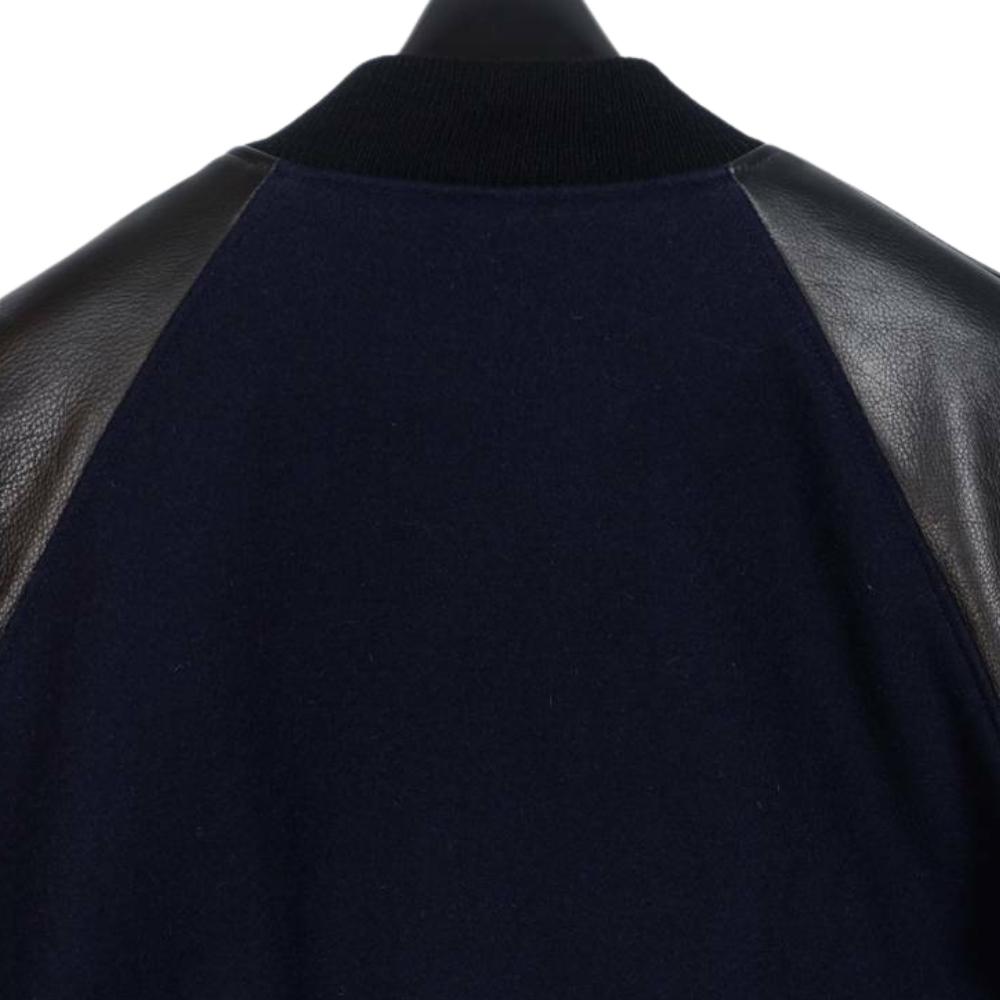 Spine Spark Navy Blue Wool Varsity Jacket Black Raglan Leather Sleeves
