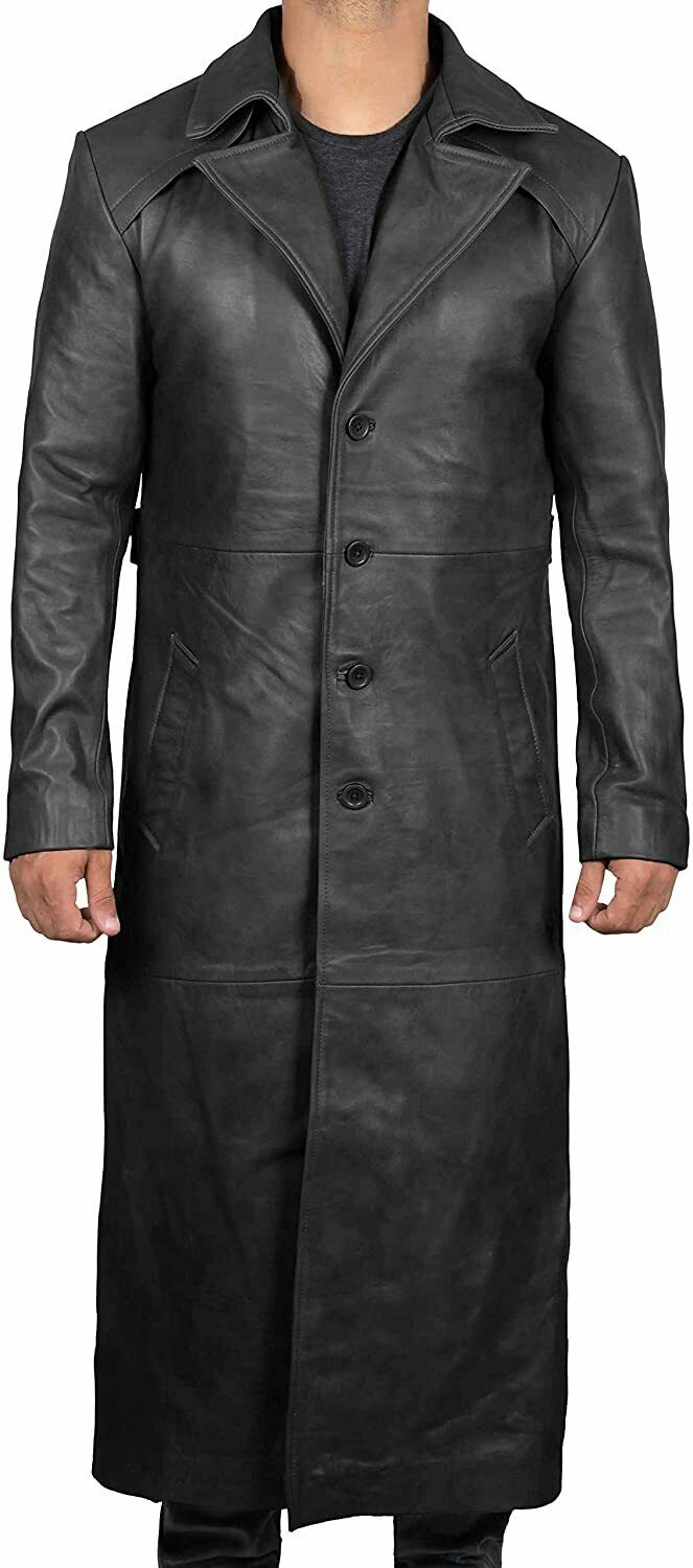 Spine Spark Men's Black Leather Overcoat Trench Long Coat