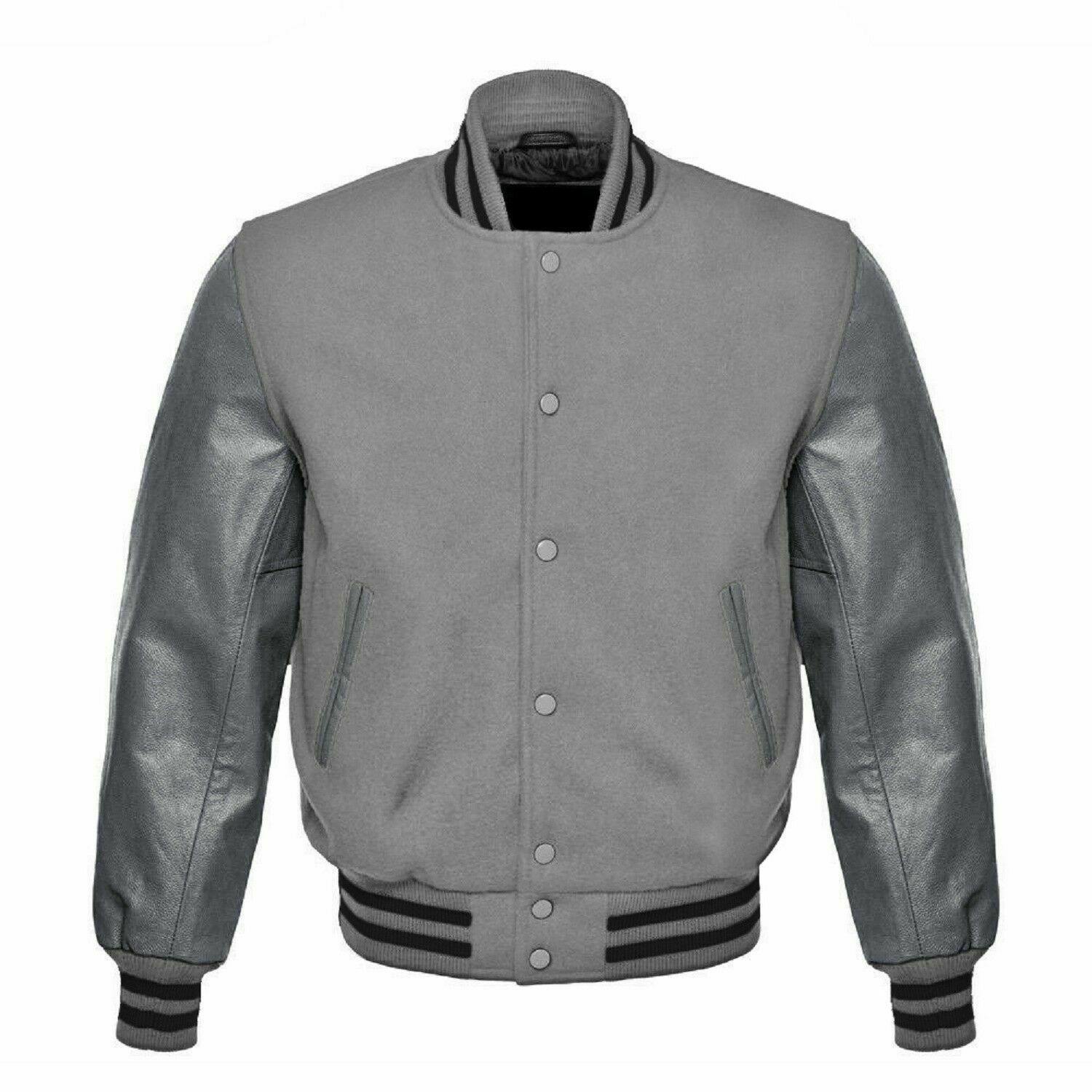Spine Spark Full Gray Wool Varsity Leather Jacket Black Rib