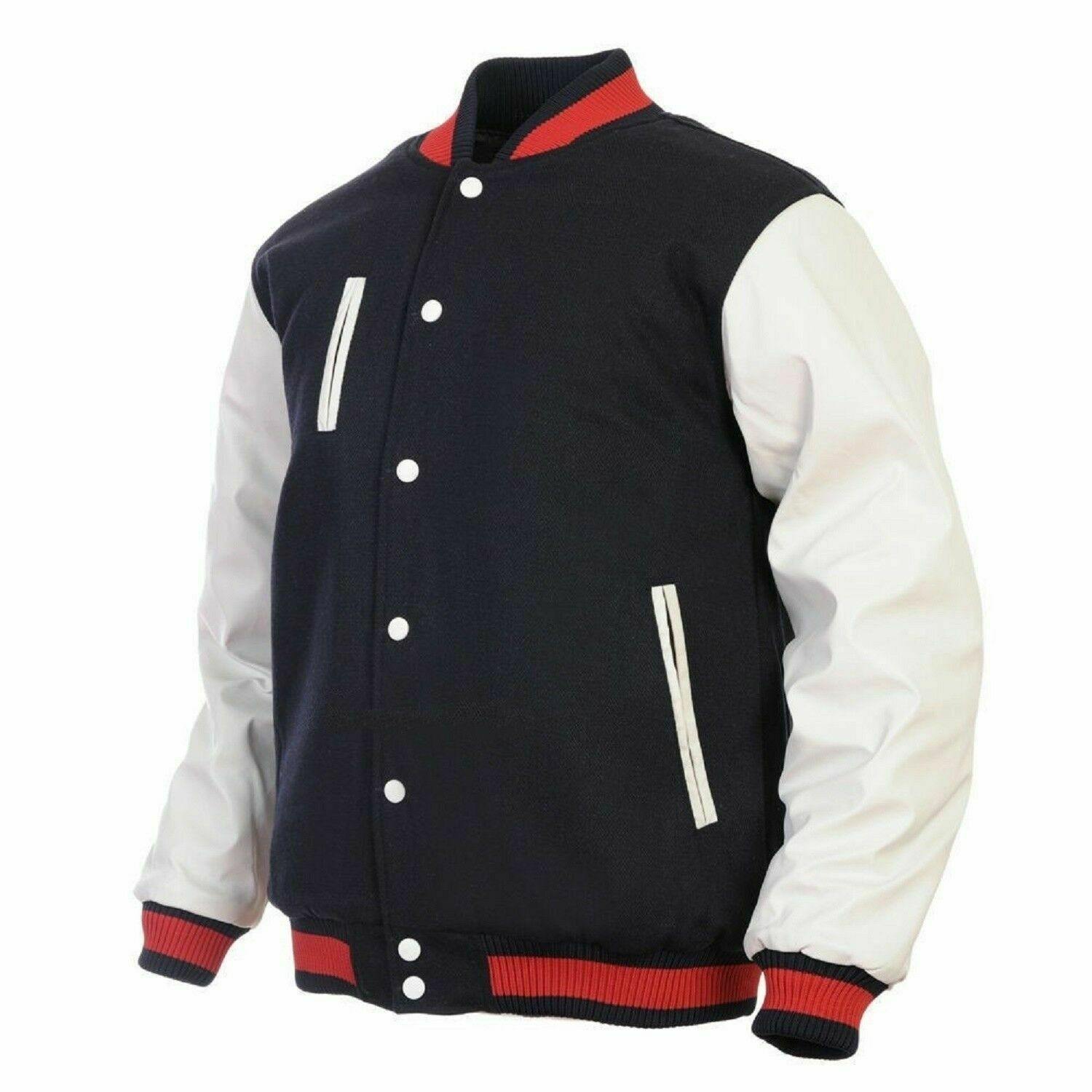 Spine Spark Black Wool Varsity Jacket White Leather Sleeves