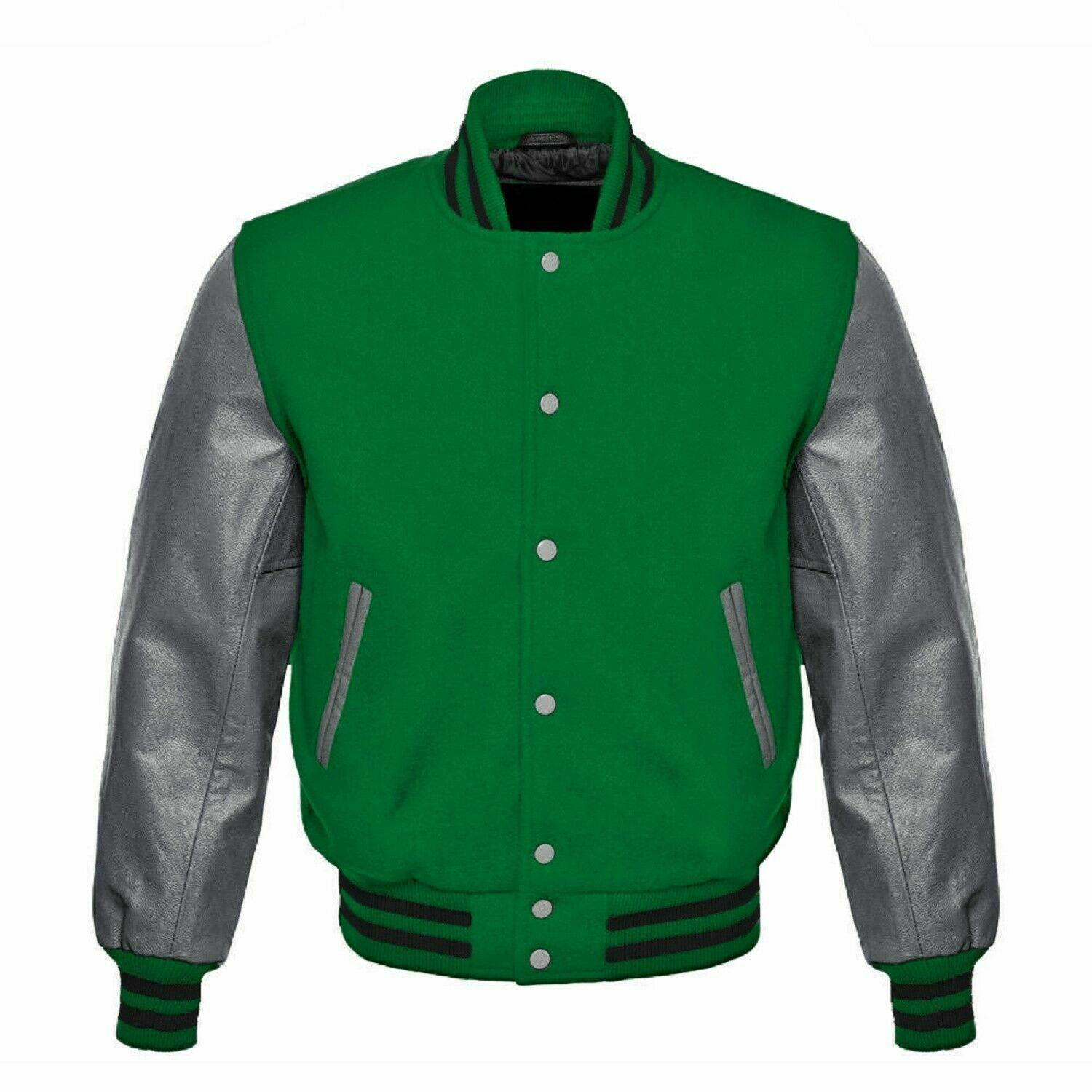 Spine Spark Green Wool Varsity Jacket Gray Leather Sleeves