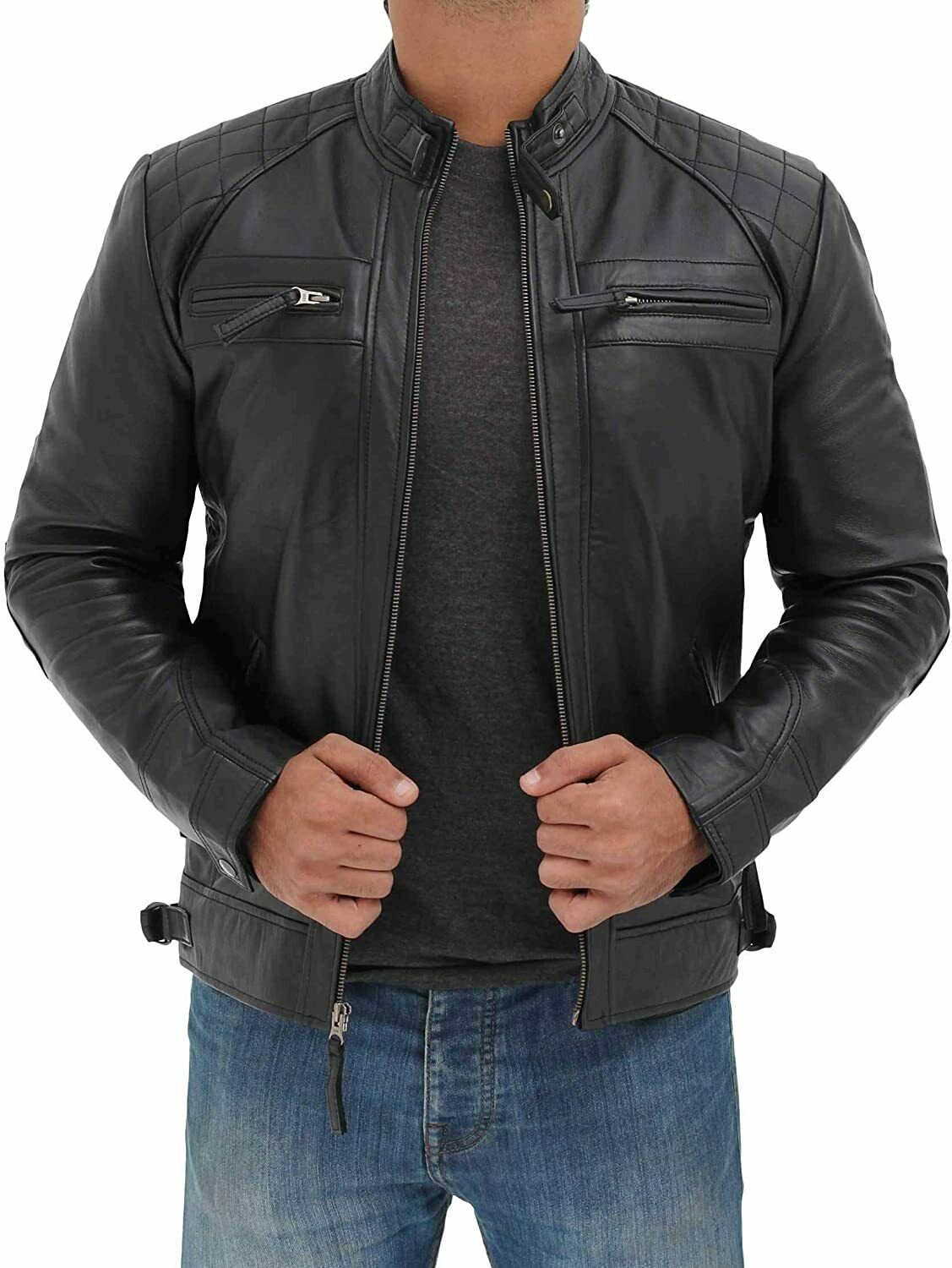 Spine Spark Men's Black Trendy Slim Fit Biker Leather Jacket
