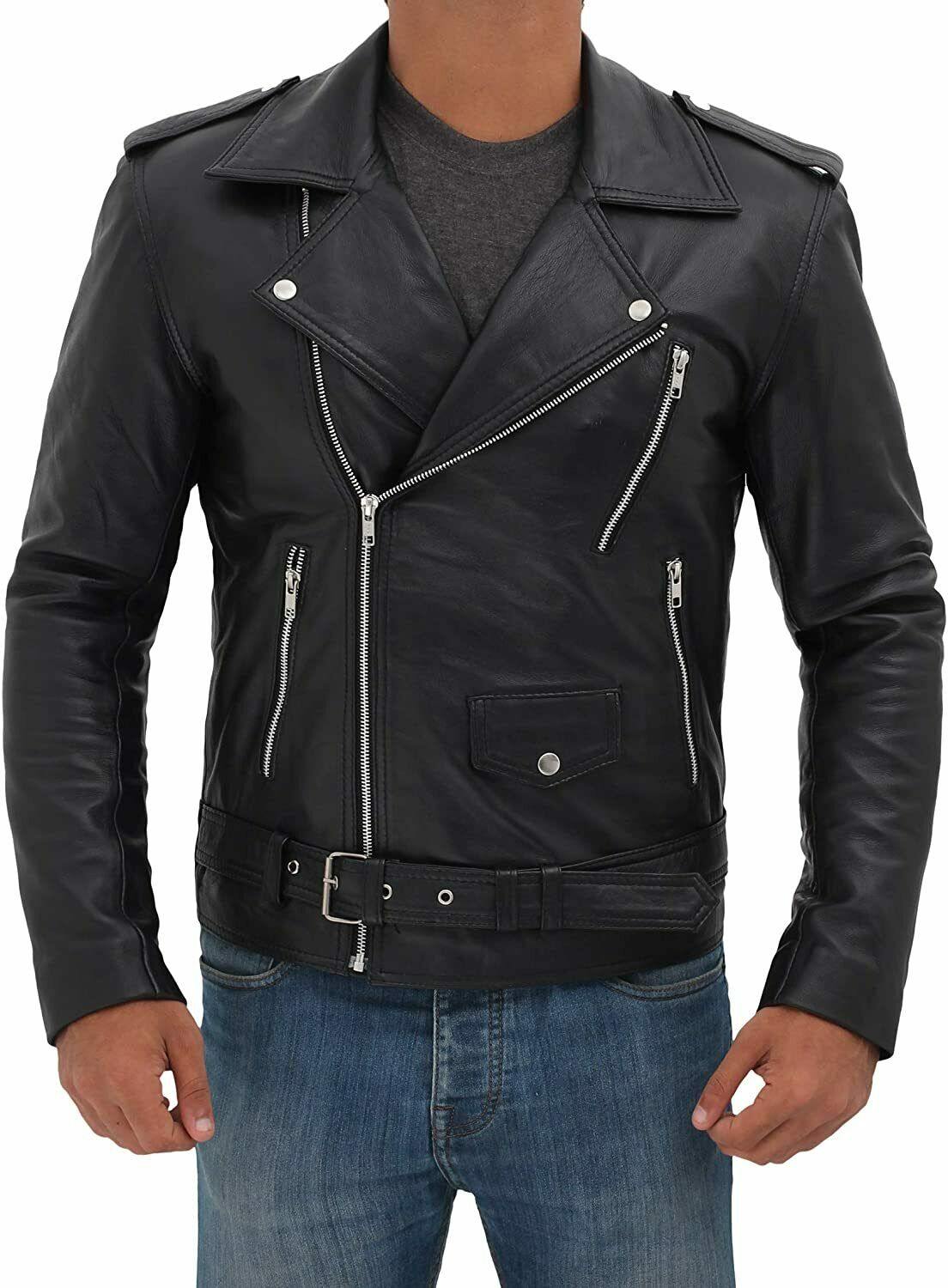Spine Spark Men's Black Brando Motorbike Leather Jacket