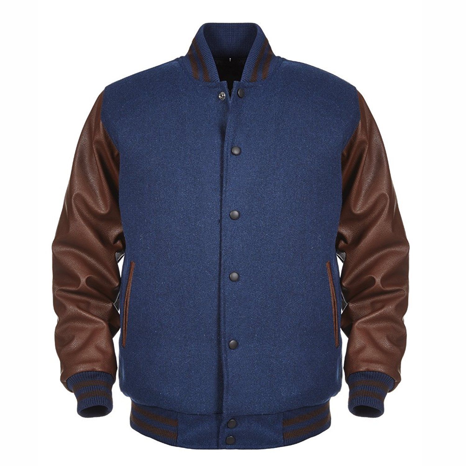 Spine Spark Navy Blue Wool Varsity Jacket Brown Leather Sleeves