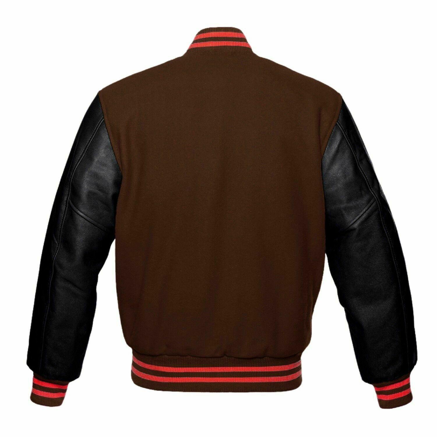 Spine Spark Brown Wool Varsity Jacket Black Leather Sleeves