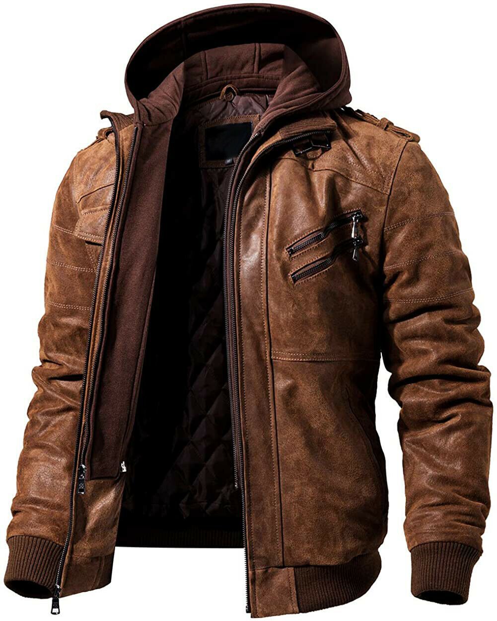Spine Spark Men Motorbike Removable Hooded Jacket Brown Leather