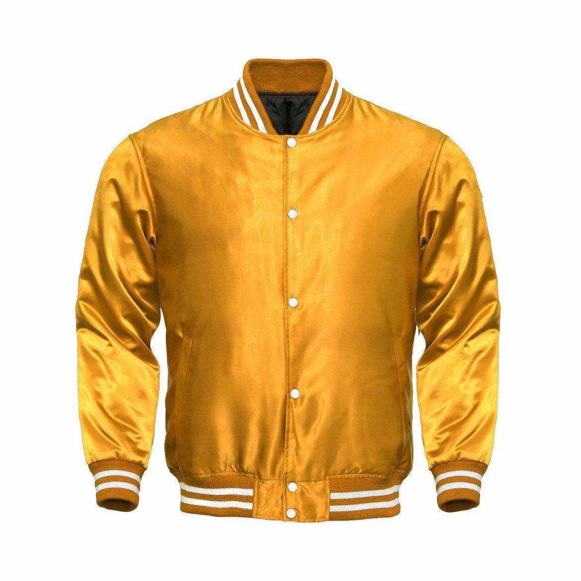 Spine Spark Gold Yellow Satin Varsity Baseball Jacket White Rib