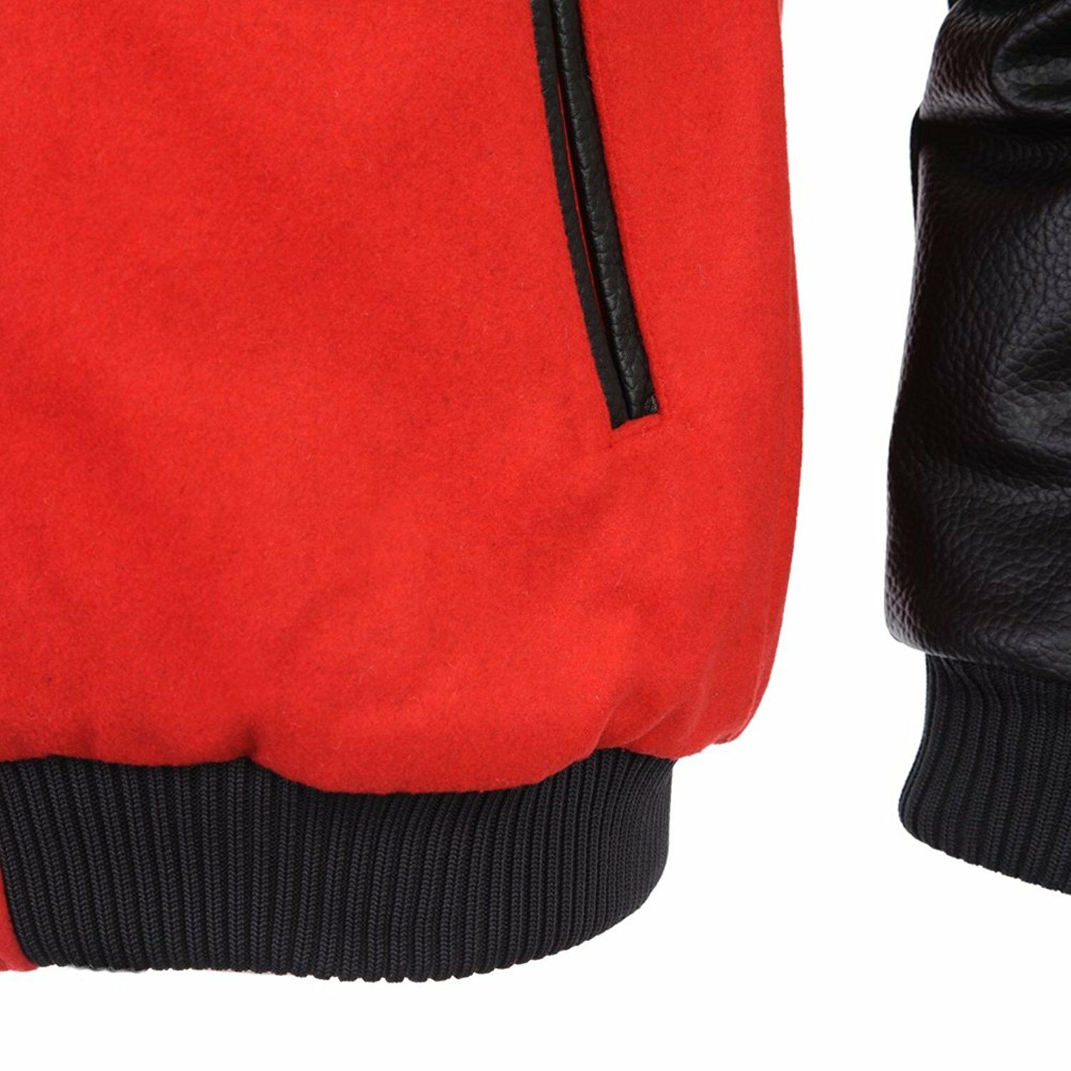 Spine Spark Red Wool Varsity Bomber Jacket Black Leather Sleeves