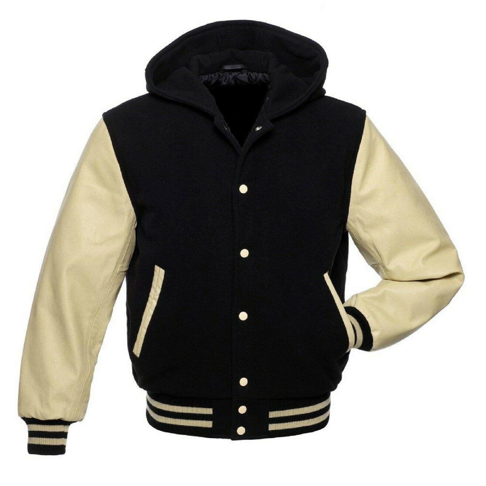 Spine Spark Black Wool Hooded Varsity Cream Leather Sleeves