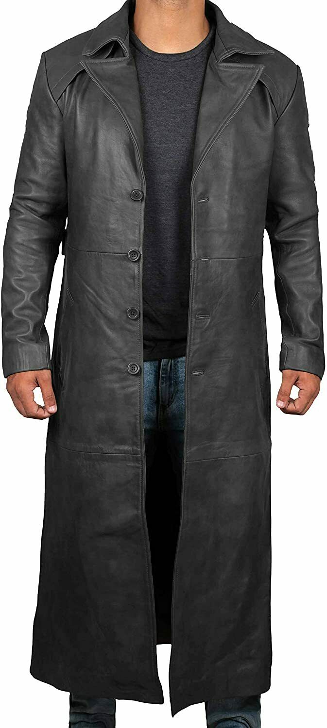 Spine Spark Men's Black Leather Overcoat Trench Long Coat