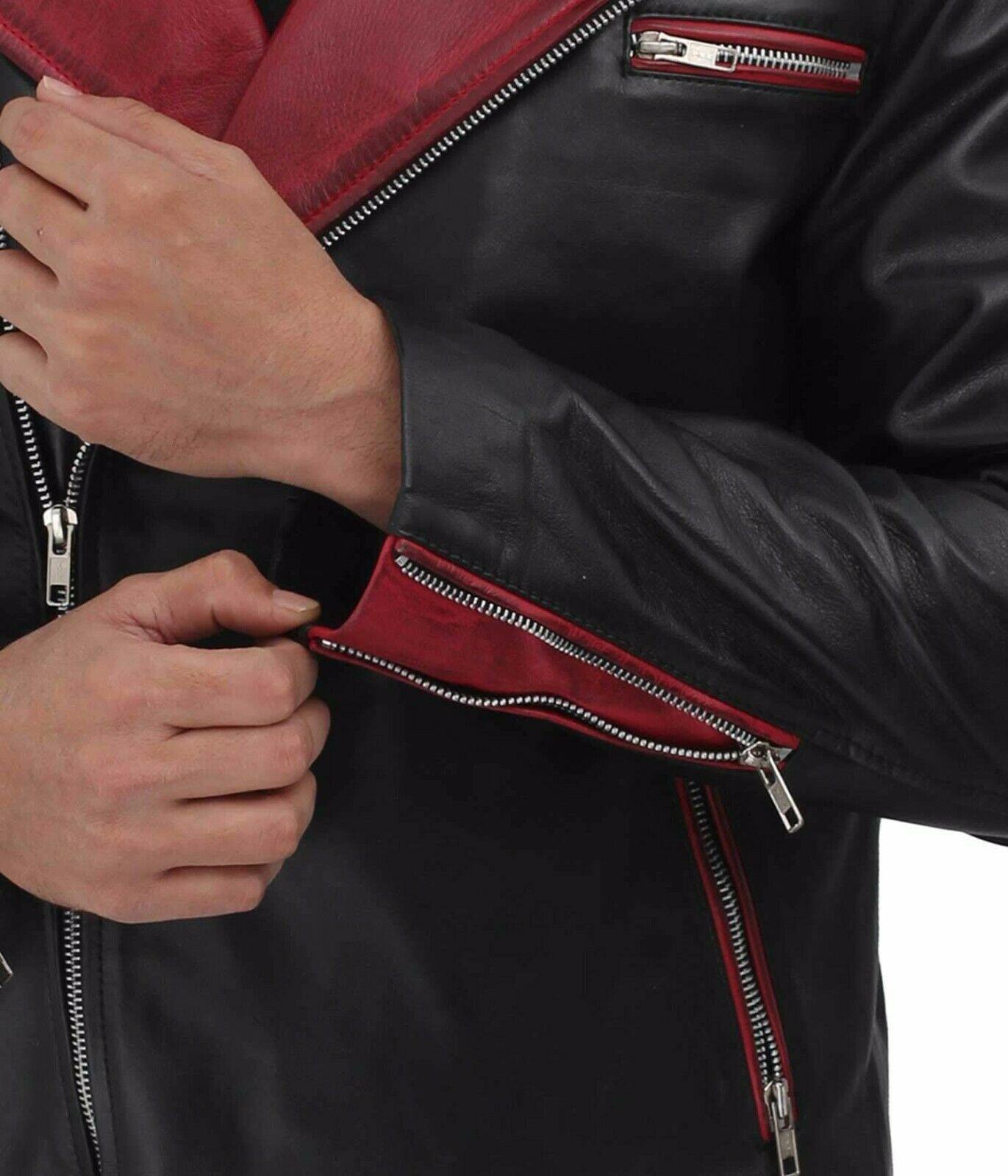 Spine Spark Black Maroon Brando Style Biker Leather Jacket