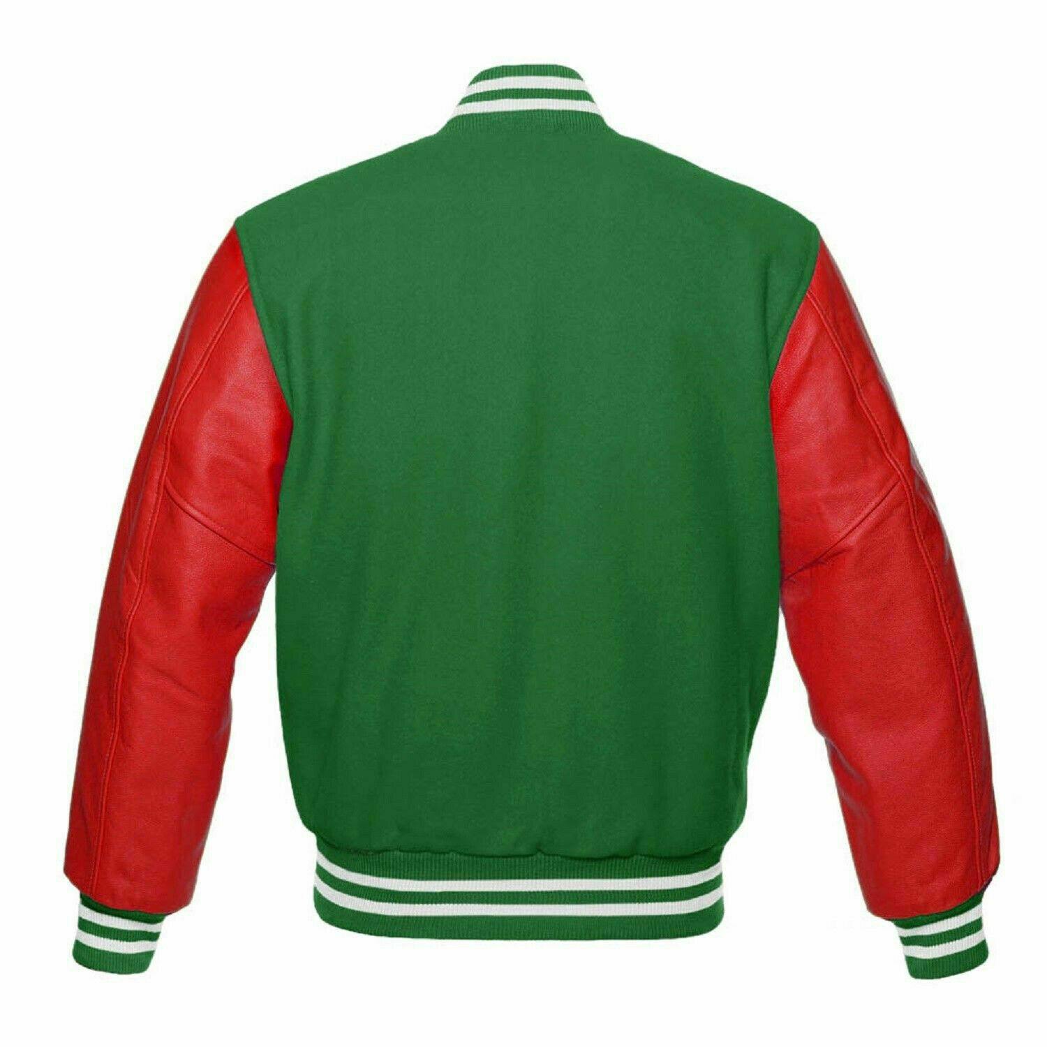 Spine Spark Green Wool Varsity Jacket Red Leather Sleeves