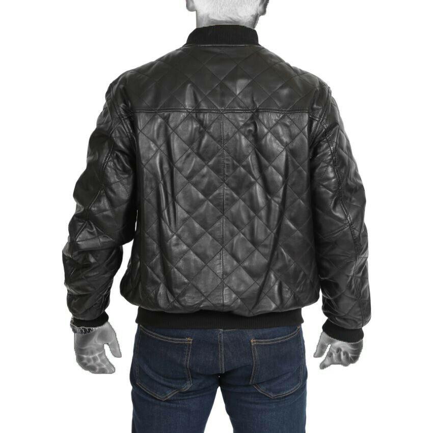 Spine Spark Men's Black Panel Quilted Bomber Leather Jacket