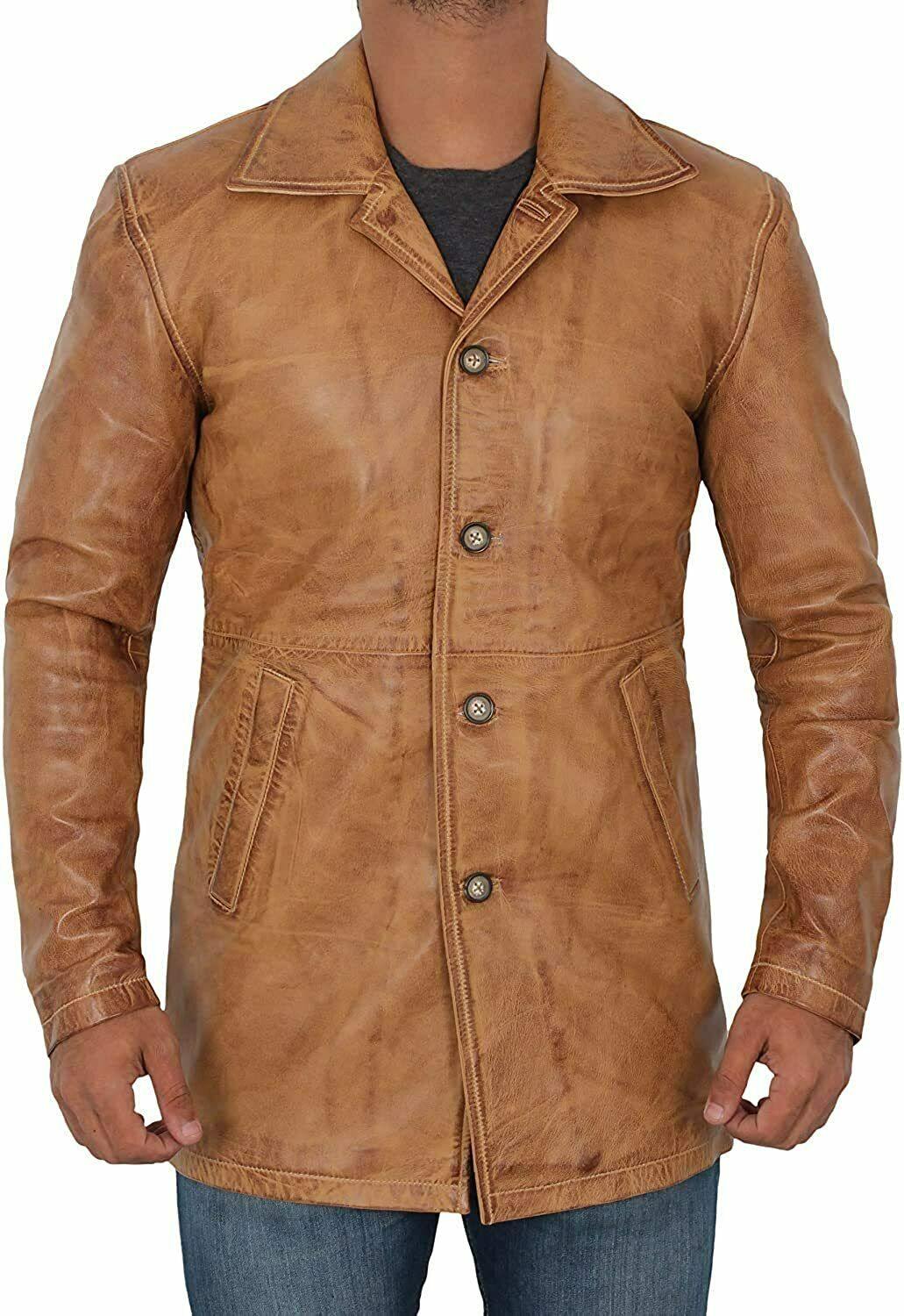 Spine Spark Men's Full Brown Leather Biker Style Coat Jacket