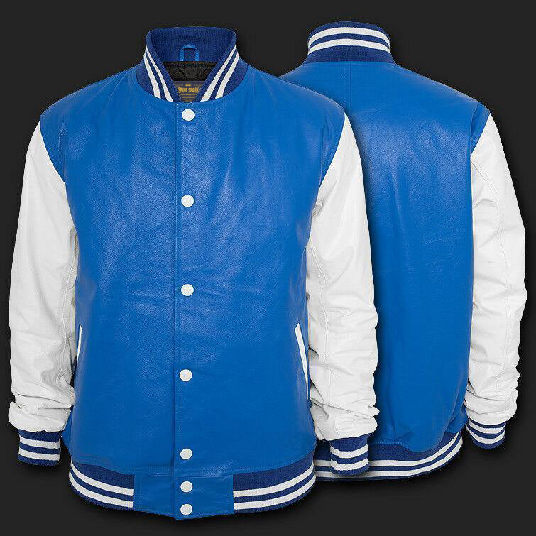 Spine Spark Royal Blue White Full Leather Varsity Bomber Jacket