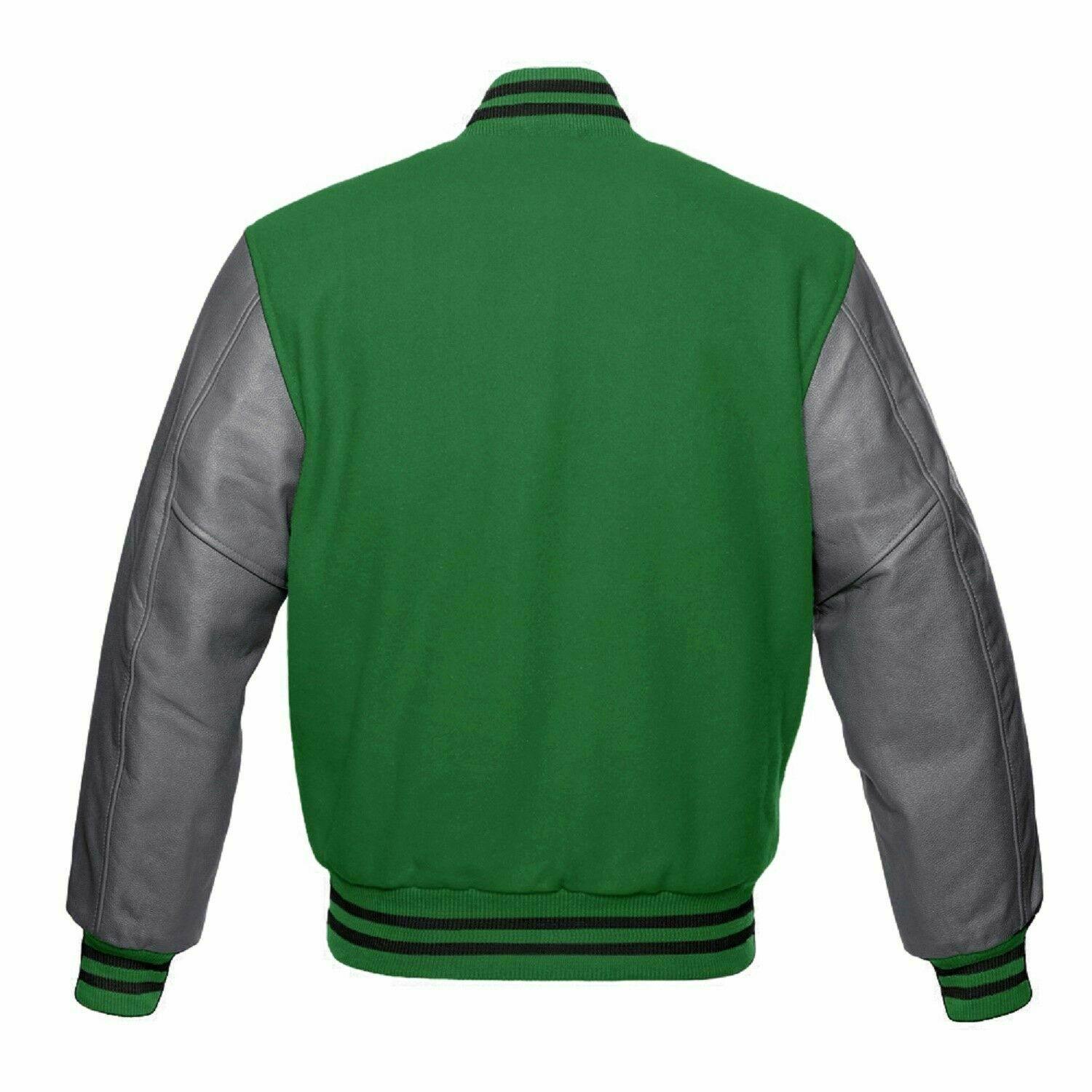 Spine Spark Green Wool Varsity Jacket Gray Leather Sleeves