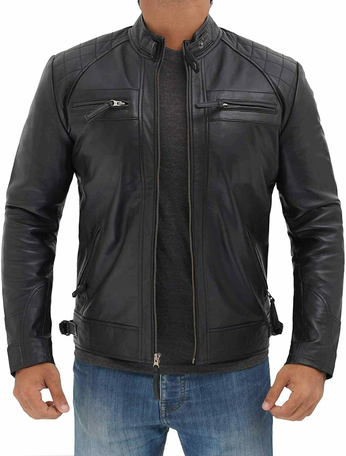 Spine Spark Men's Black Trendy Slim Fit Biker Leather Jacket