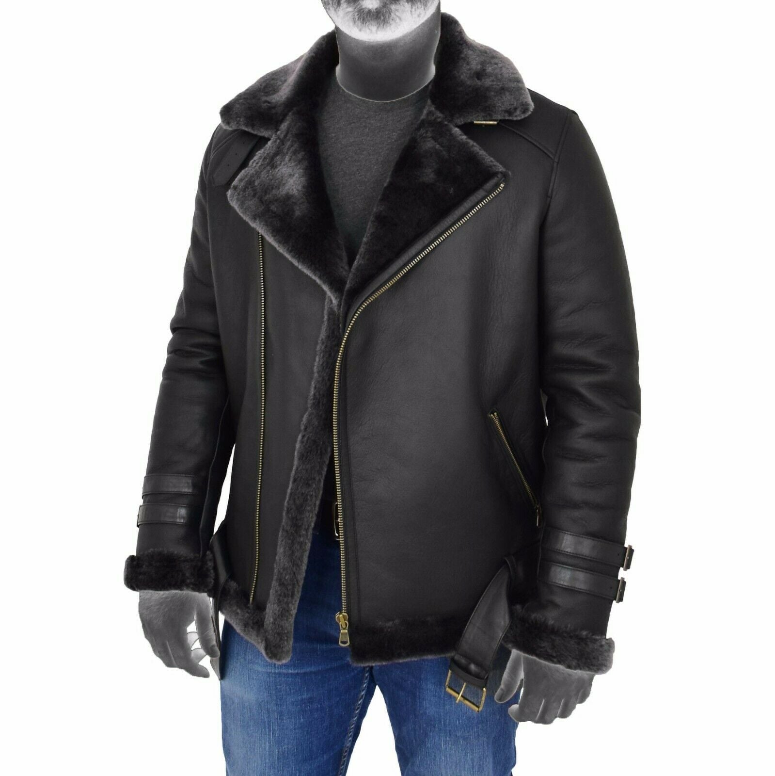 Spine Spark Men Black Brando Shearling Leather Coat Jacket