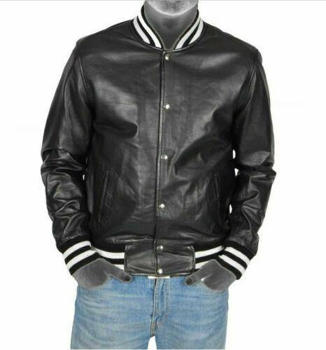 Spine Spark Black Leather Bomber Varsity Jacket & White Rib