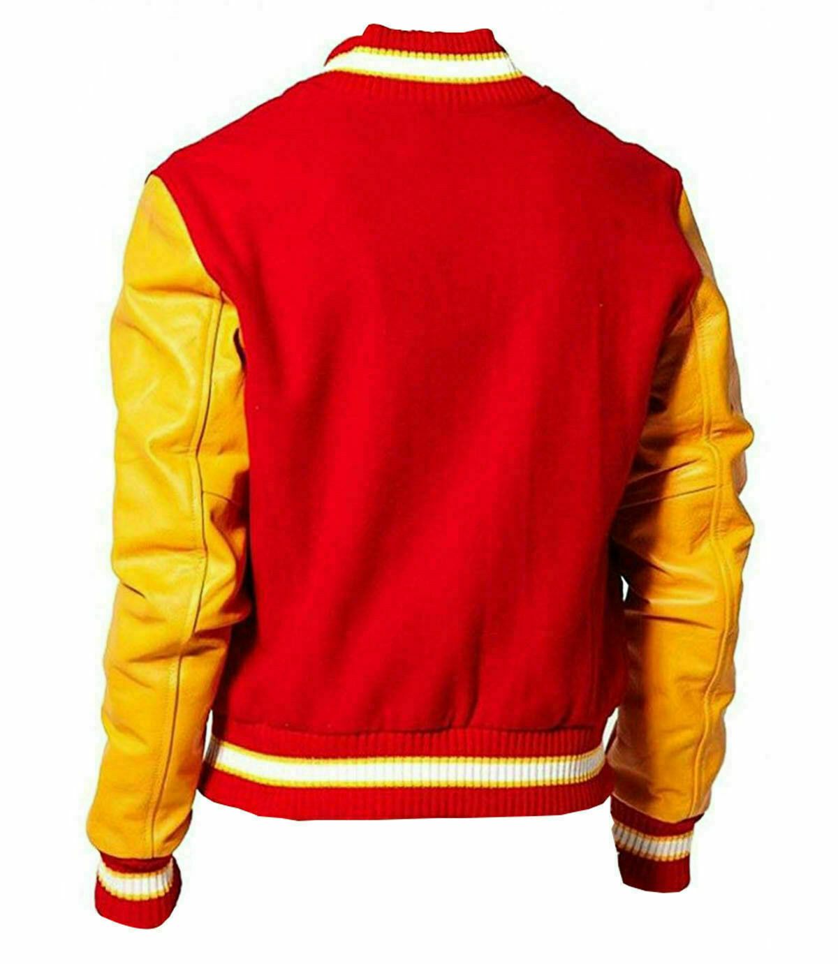 Spine Spark Michael Jackson Red Wool Varsity Jacket Yellow Leather Sleeves