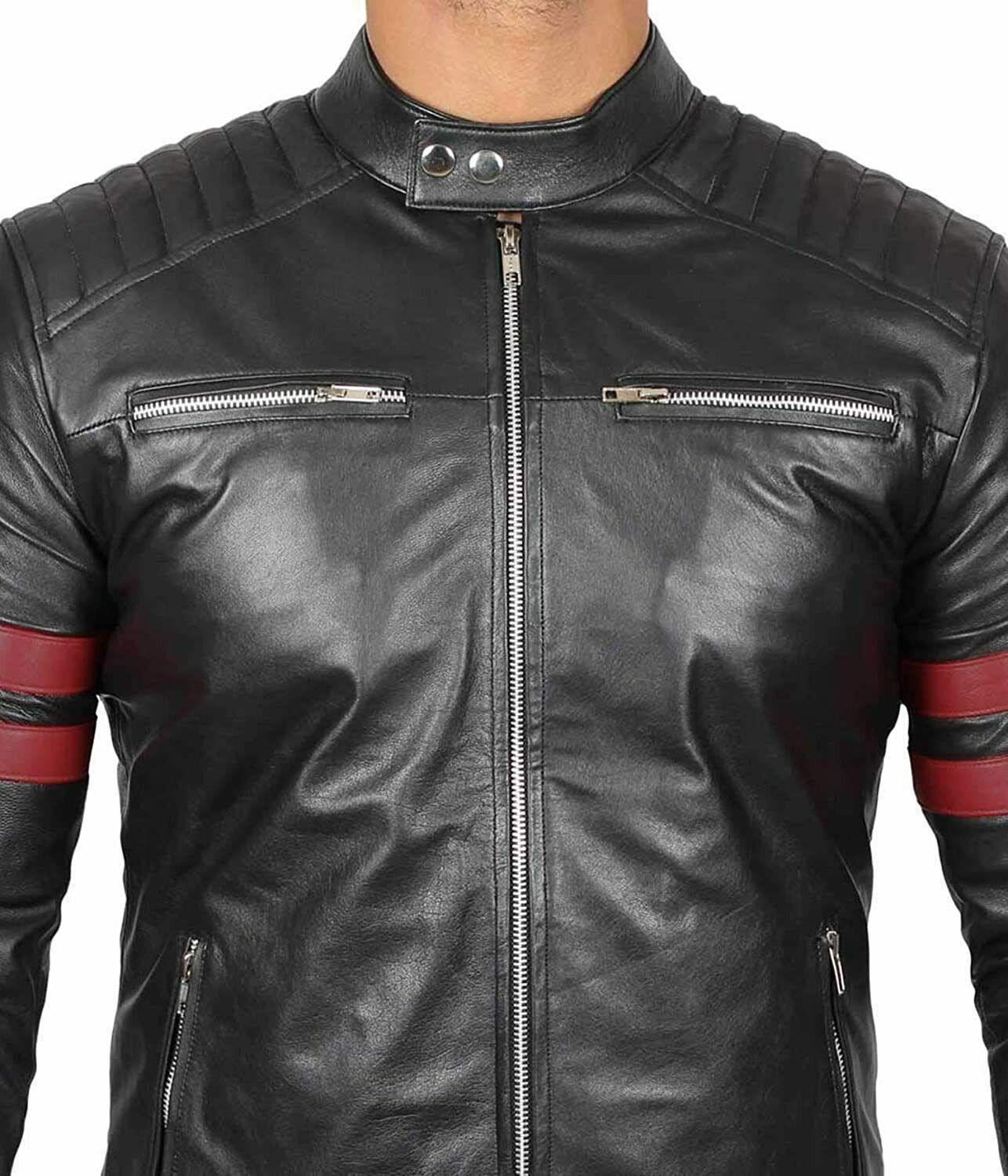 Spine Spark Men Black Leather Band Collar Biker Leather Jacket