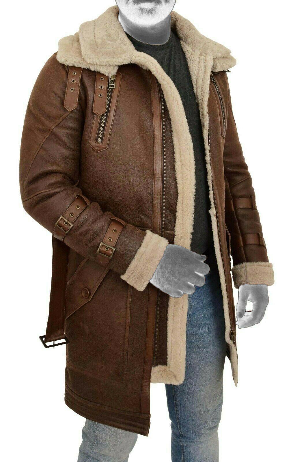 Spine Spark Men's Shearling Brown Duffle Coat Leather Jacket