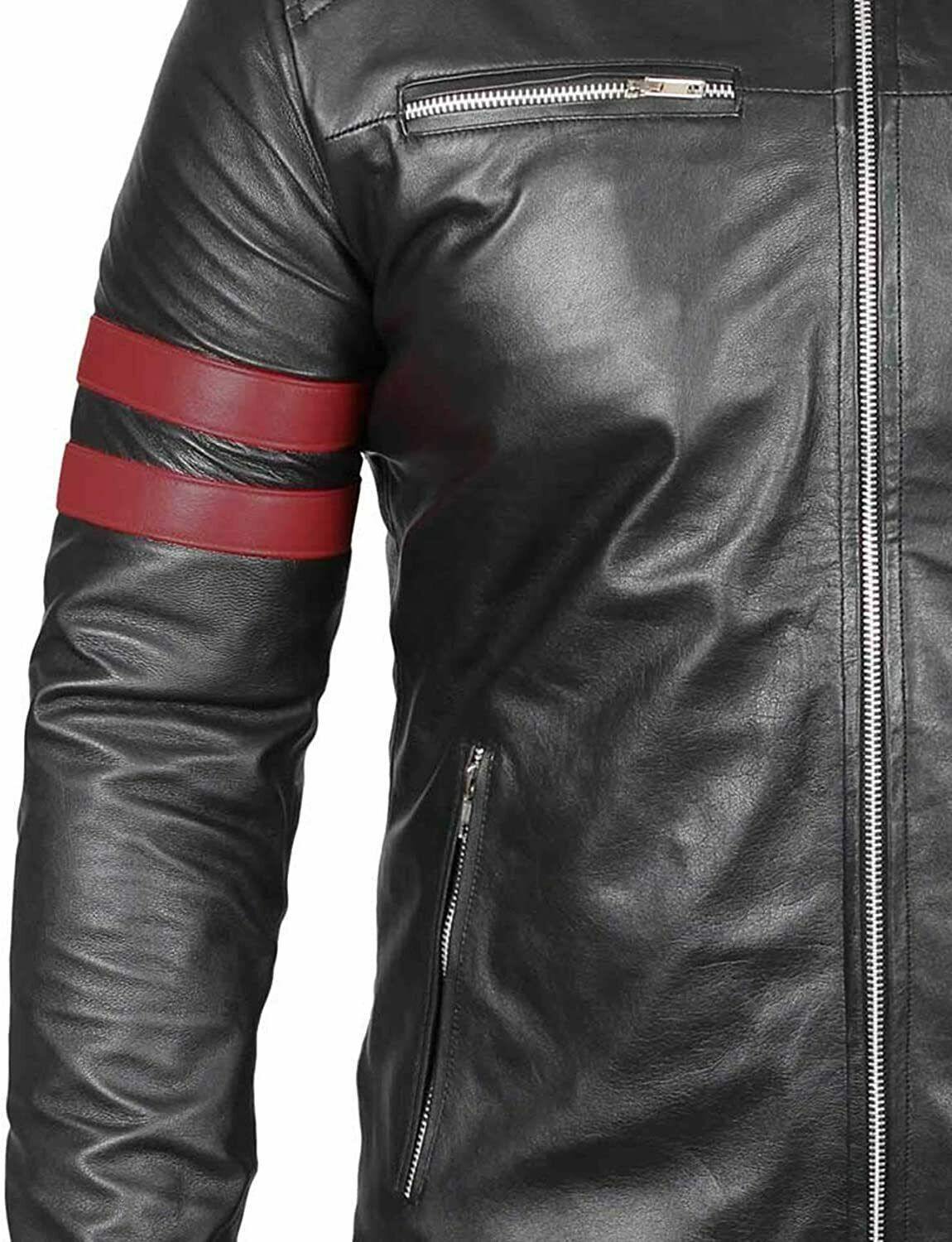 Spine Spark Men Black Leather Band Collar Biker Leather Jacket