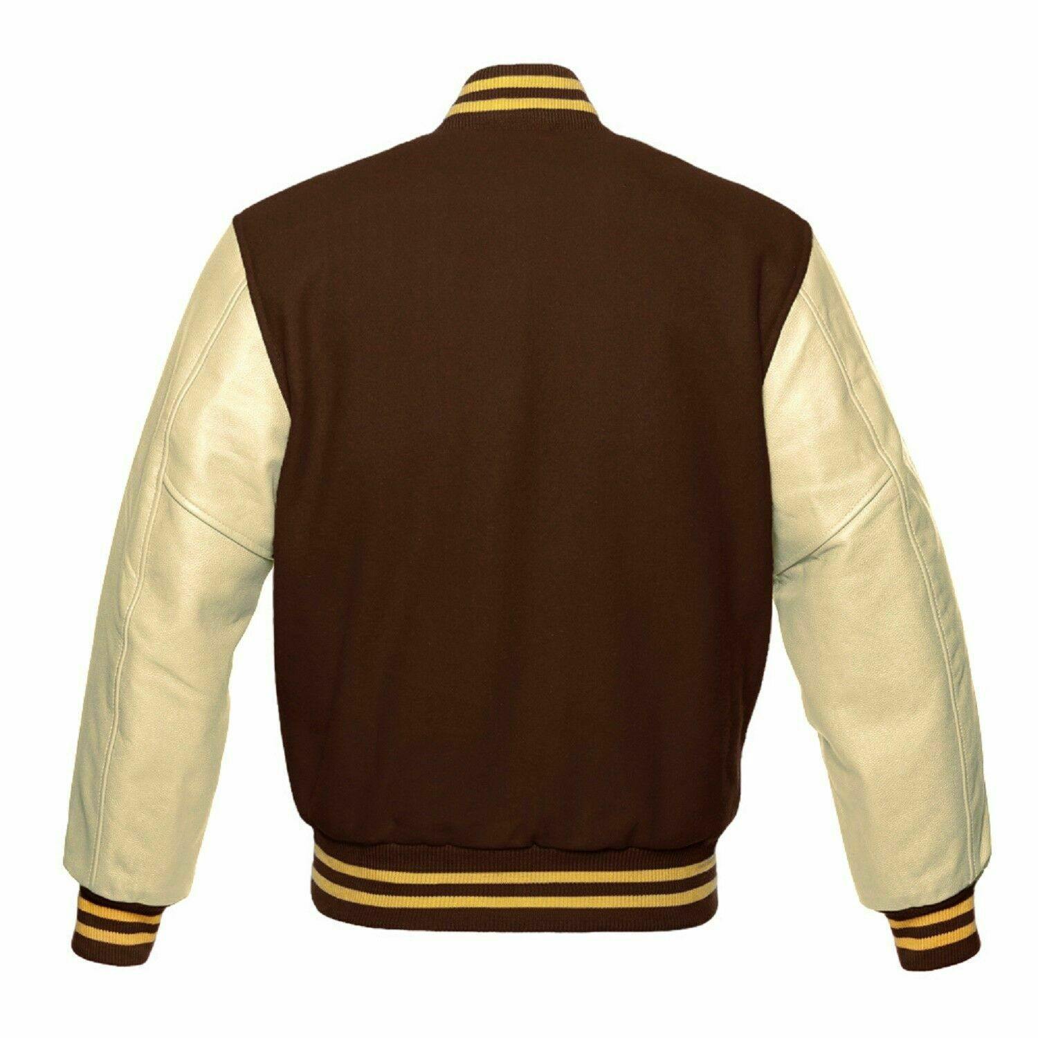 Spine Spark Brown Wool Varsity Jacket Cream Pure Leather Sleeves