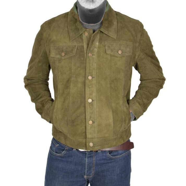 Spine Spark Men's Green Soft Suede Leather Trucker Style Jacket