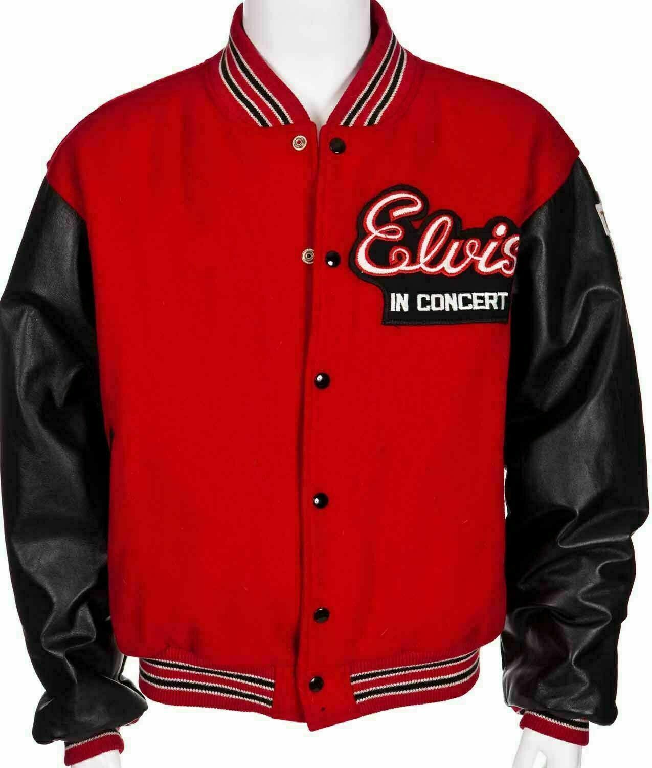 Rock Elvis In Concert Red Synthetic Wool Varsity Jacket Black Faux Leather Sleeves