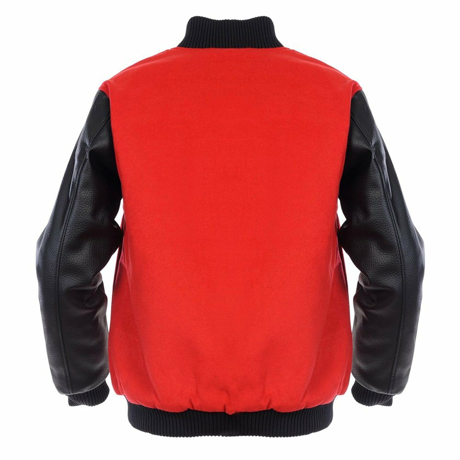 Spine Spark Red Wool Varsity Bomber Jacket Black Leather Sleeves