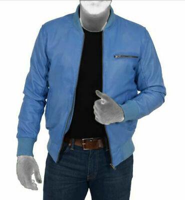 Spine Spark Men's Blue Classic Retro Bomber Leather Jacket